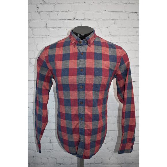 J Crew Dress Shirt Button Up Mens Size Large  Slim Fit Blue Red Plaids Homespun - Picture 2 of 6